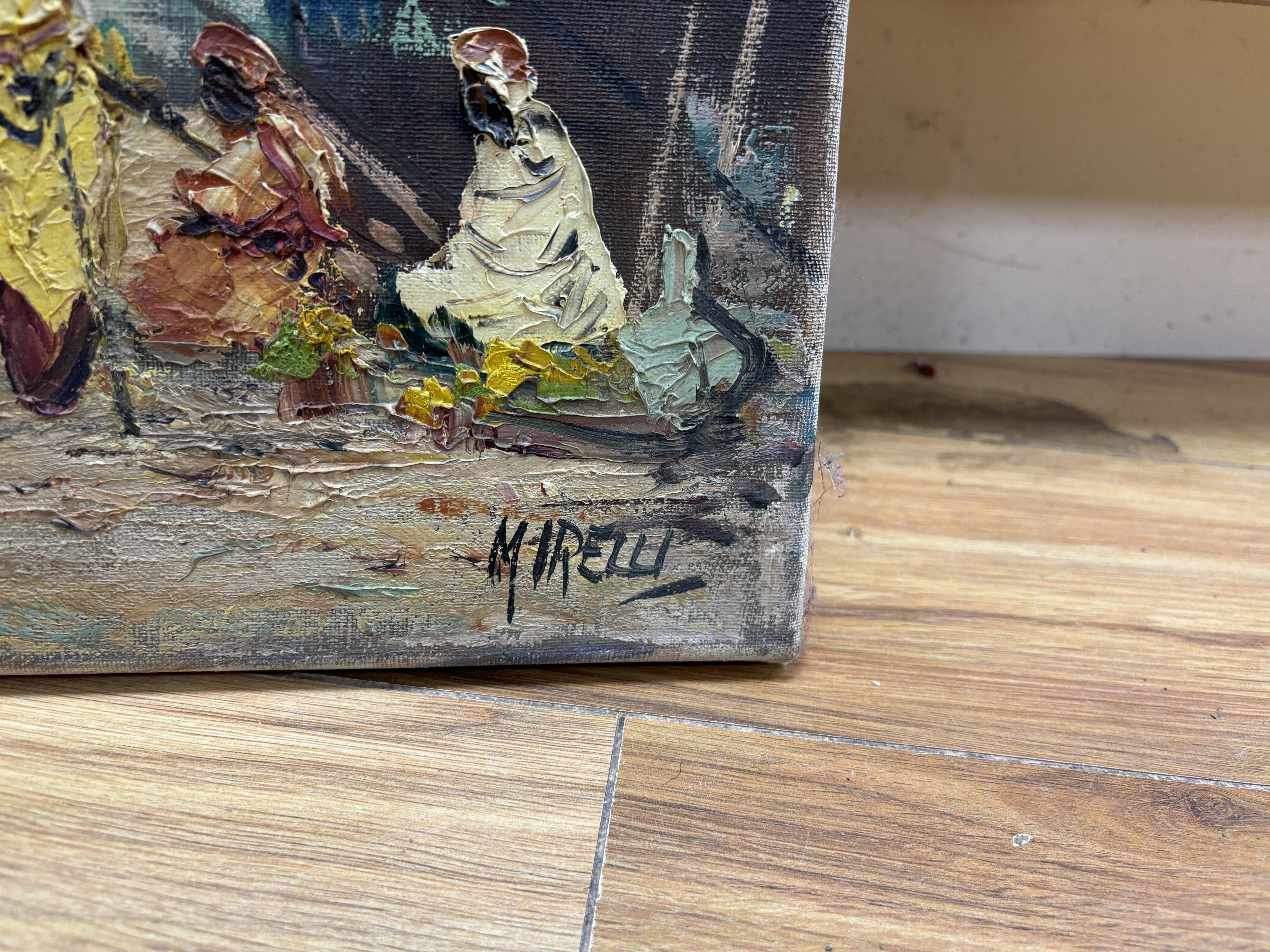 Mirelli, Orientalist style impasto oil on canvas, Market scene with figures, signed, 40 x 80cm, unframed